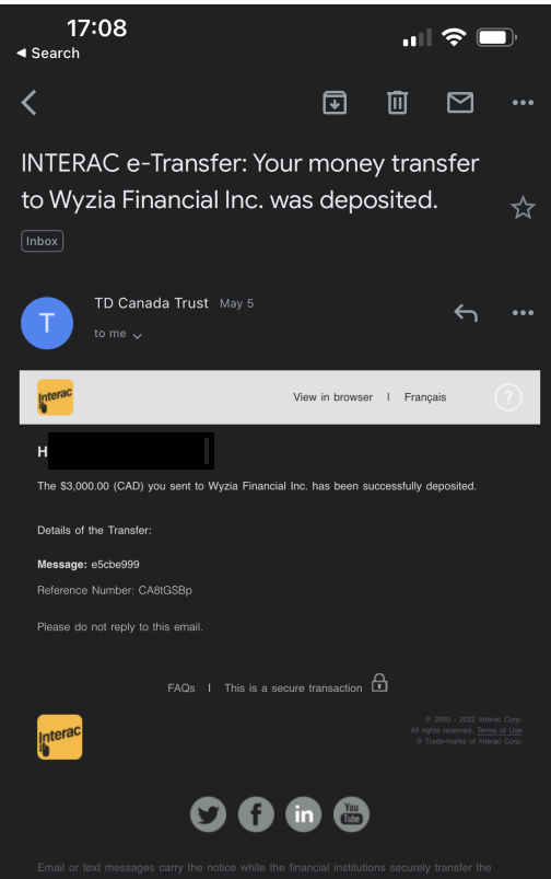 Email from Interac confirming the payment transfer
