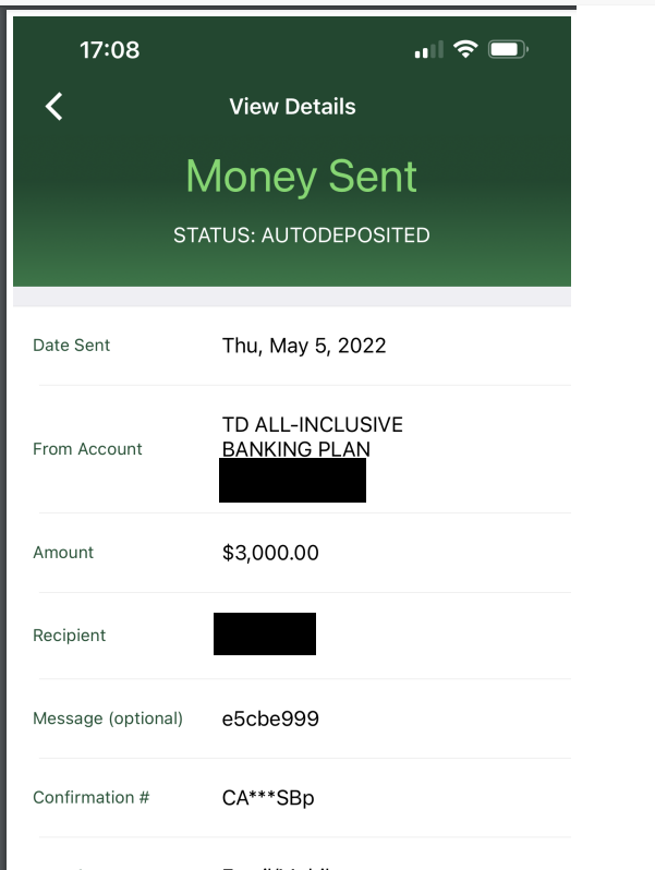 Interac app showing confirmation of payment transfer.