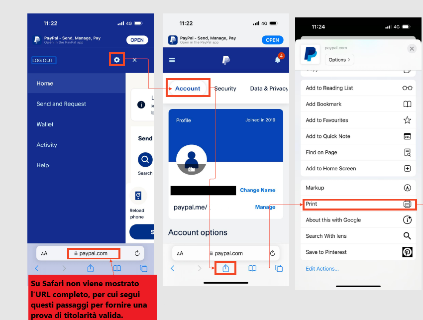 Prova di titolarità PayPal dal browser Safari