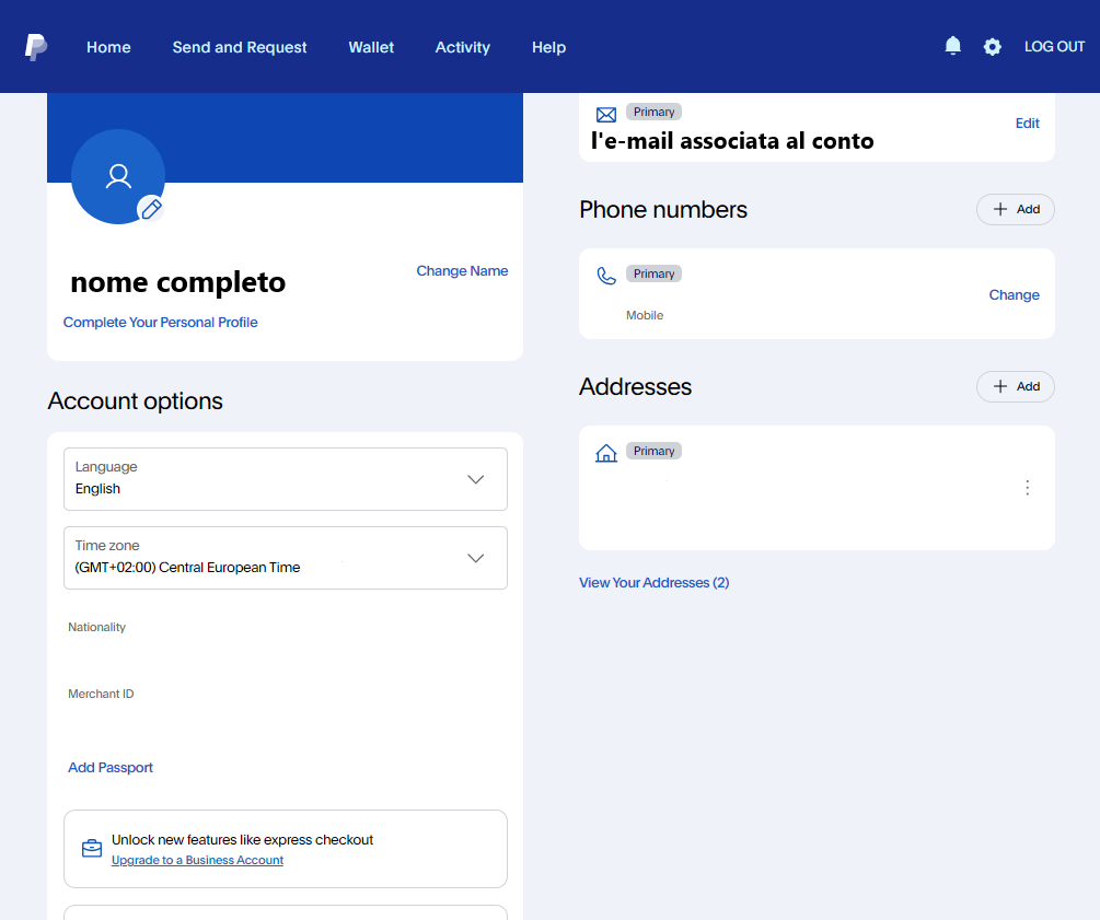 Prova di titolarità PayPal da desktop