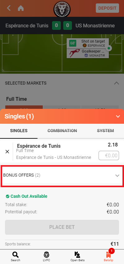 Example betslip showing where to find Bonus Offers