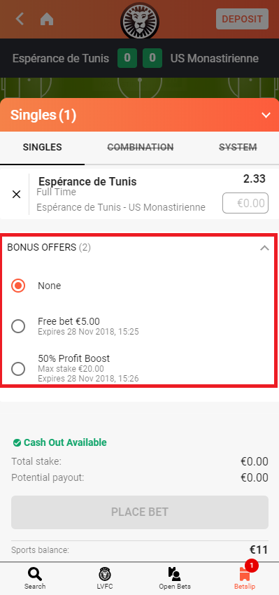 Example betslip showing how to add free bet or profit boost